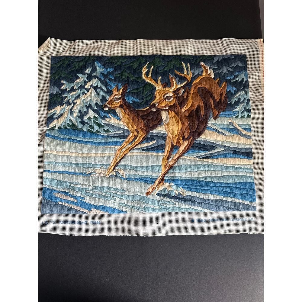Vintage 1983 Moonlight Run Needlepoint Tapestry Deer Doe Buck Monarch Horizons